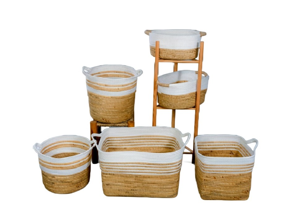 Refined Water Hyacinth and Polyester Rope Storage Baskets - Set of 6